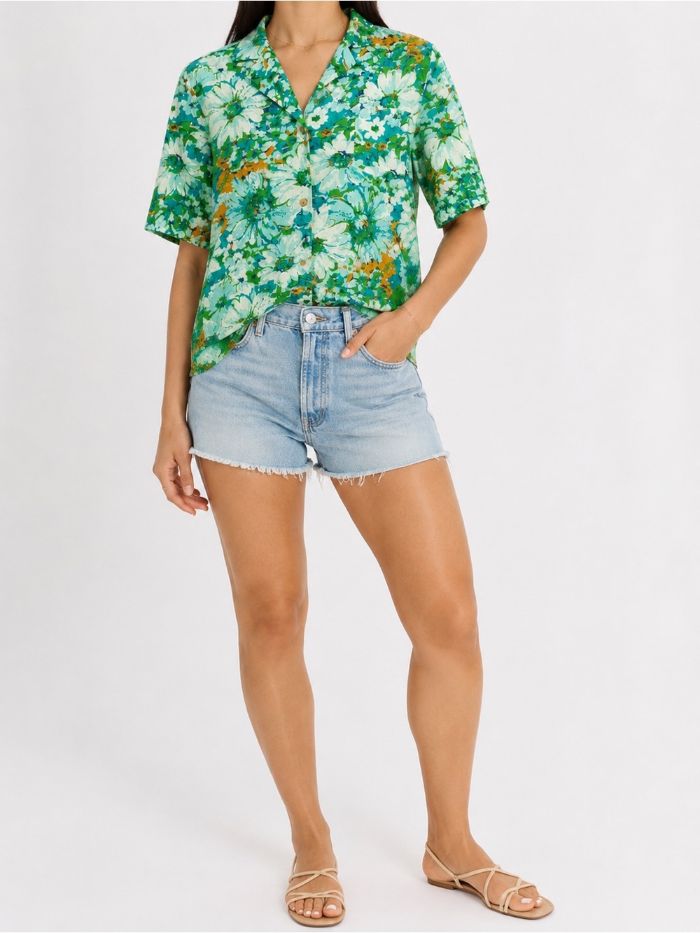 Faithfull The Brand Malibu 100% Linen Floral‎ Button Up Shirt Blue Green small